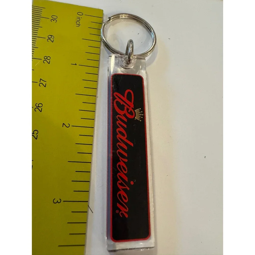 Budweiser Beer Keychain Clear Acrylic Black Red Script Logo Gold Crown Vintage
